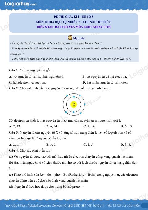 Đề thi giữa kì 1 KHTN 7 Kết nối tri thức - Đề số 5